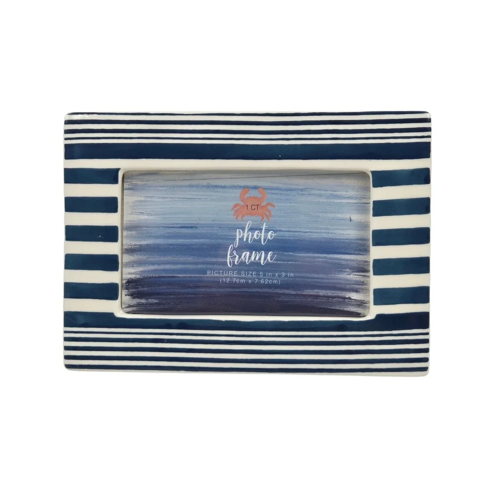 Coastal Blue & White Striped Ceramic Photo Frame for 5x3